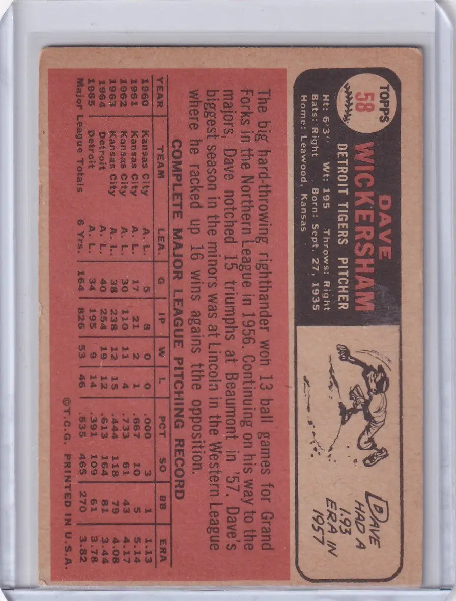 1966 Topps Baseball #58 Dave Wickersham - Detroit Tigers - Baseball Card Single