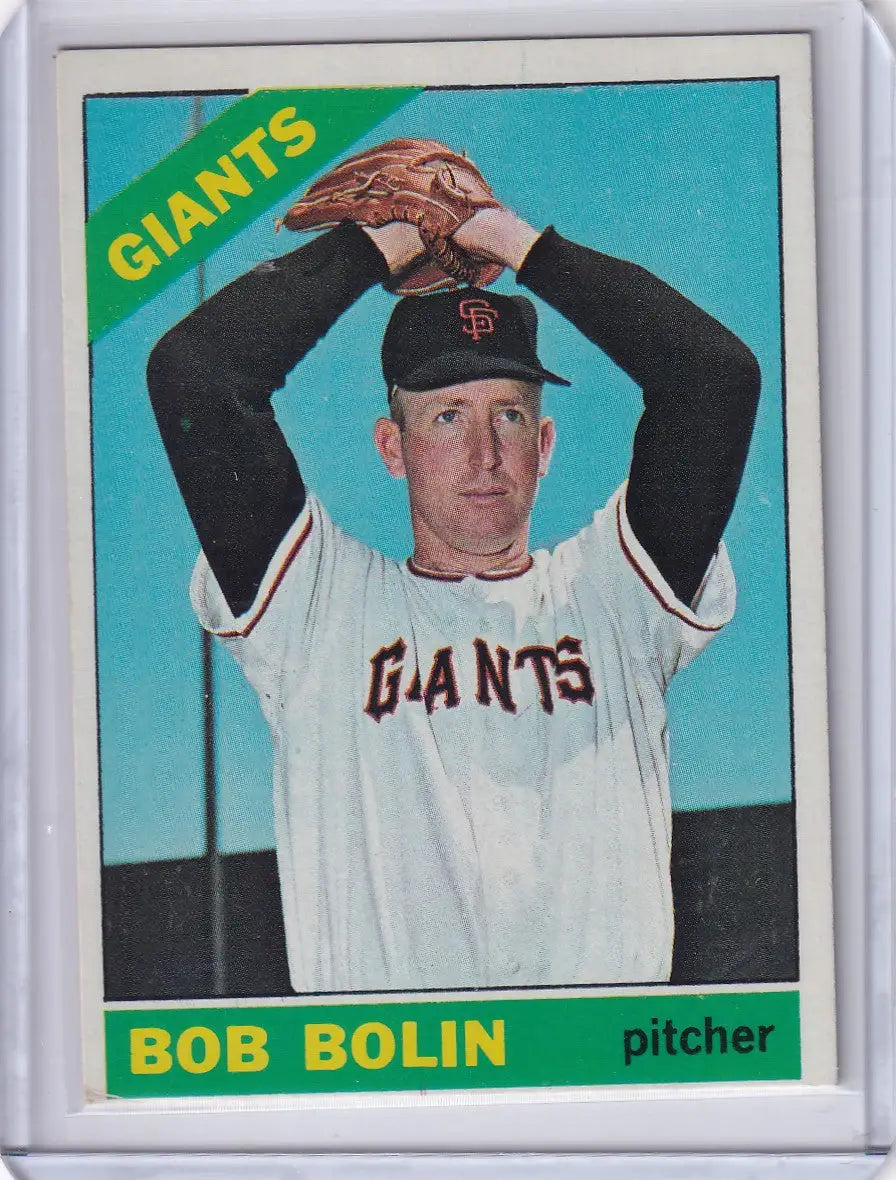 Baseball card of Bobby Bolin in pitching stance for San Francisco Giants Topps Baseball