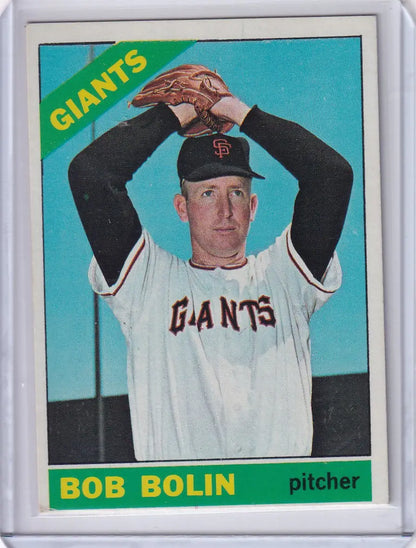 Baseball card of Bobby Bolin in pitching stance for San Francisco Giants Topps Baseball