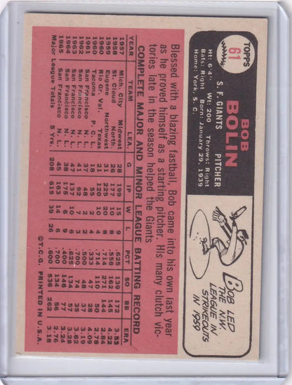 1966 Topps Baseball card of Bobby Bolin from the San Francisco Giants with player stats