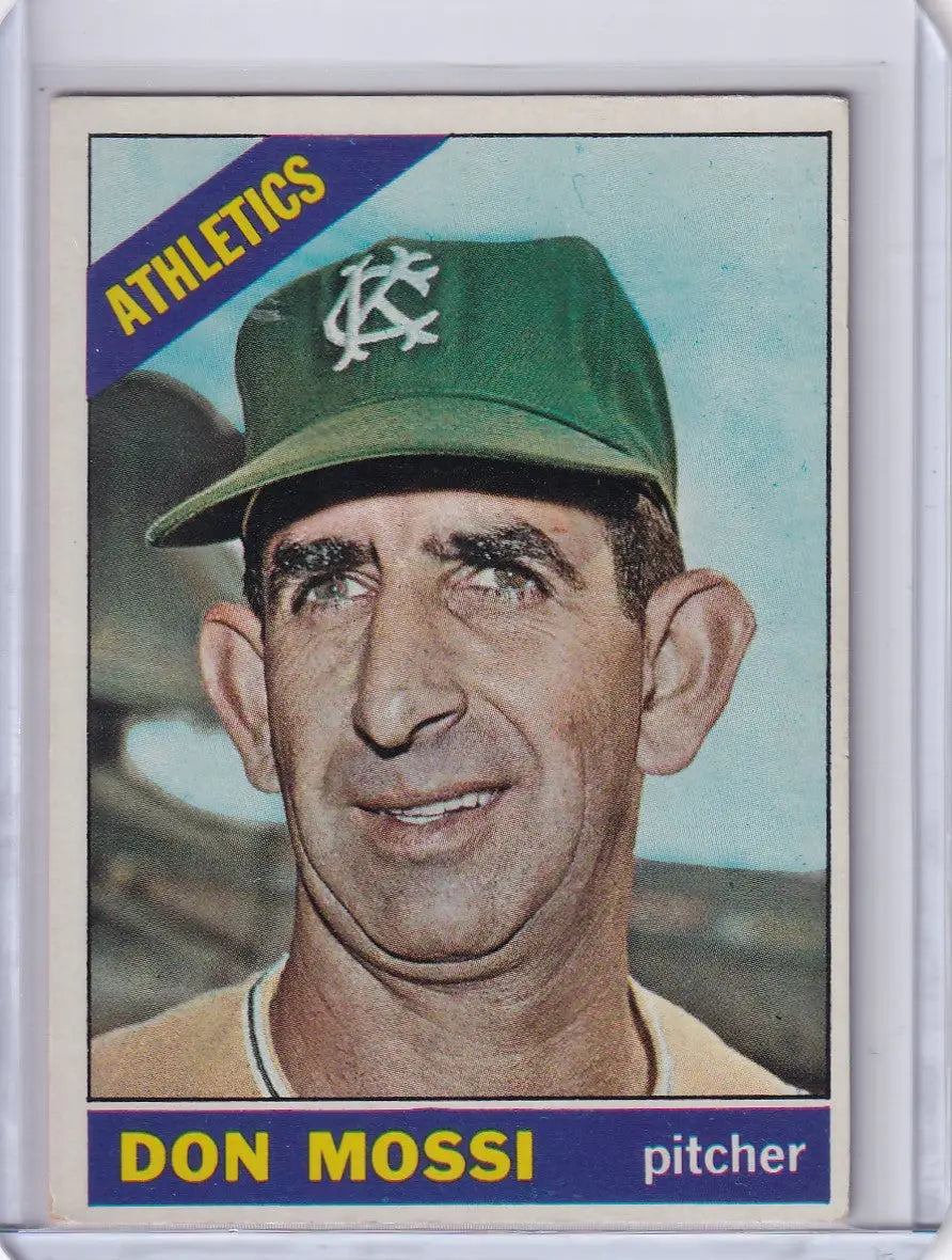 Baseball card of Don Mossi in green cap for Kansas City Athletics by Topps Baseball