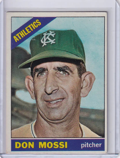 Baseball card of Don Mossi in green cap for Kansas City Athletics by Topps Baseball