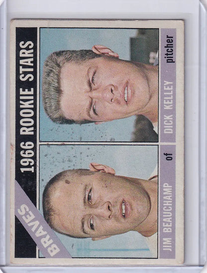 Baseball card of Jim Beauchamp and Dick Kelley from 1966 Topps Braves Rookies series