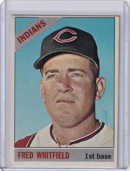 1966 Topps Baseball card of Fred Whitfield featuring the Cleveland Indians cap logo