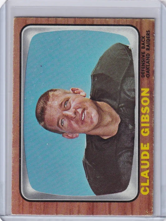 1966 Topps Football card featuring Claude Gibson of the Oakland Raiders on a turquoise background