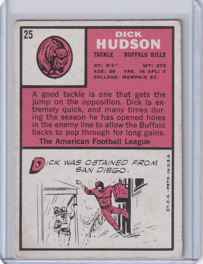 Vintage 1960s Topps Football card of Dick Hudson from the Buffalo Bills with pink accents