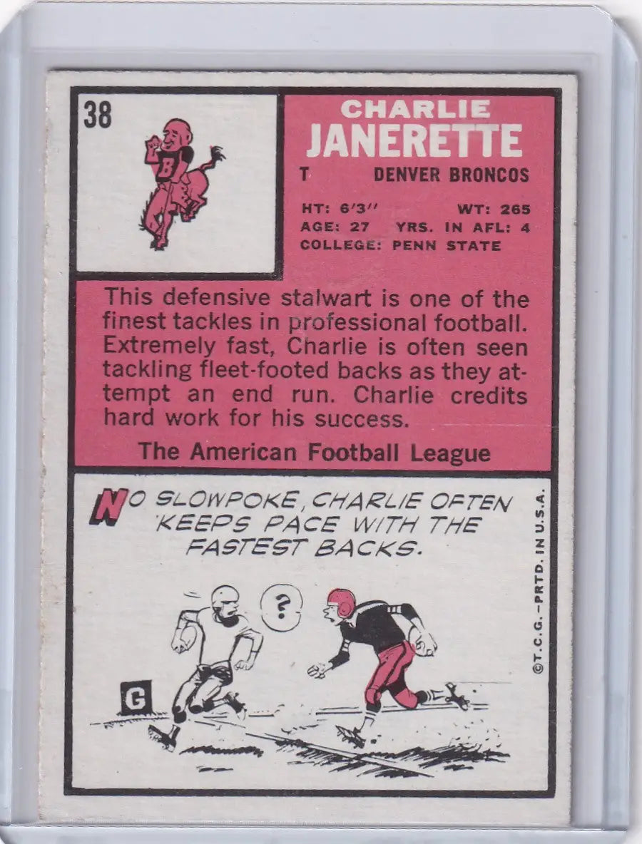 Topps Football trading card of Charlie Janerette, Denver Broncos player statistics and artwork