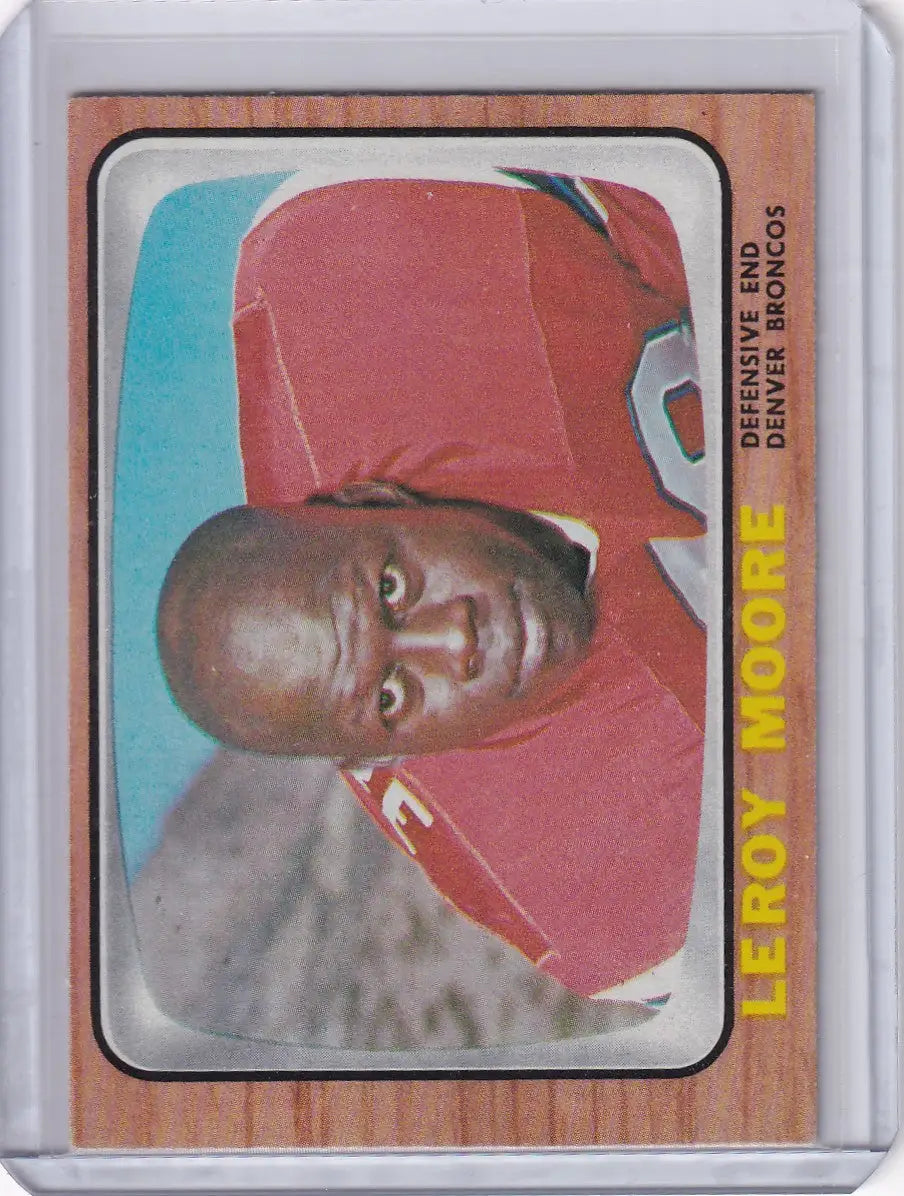 Vintage 1966 Topps Football card of Leroy Moore in red Denver Broncos uniform