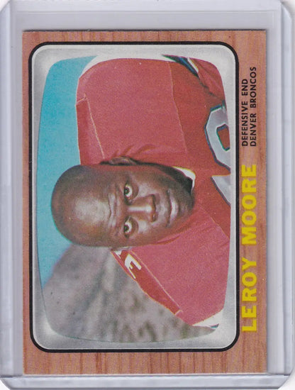 Vintage 1966 Topps Football card of Leroy Moore in red Denver Broncos uniform