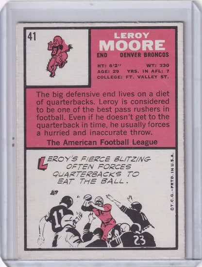 Vintage 1966 Topps Football card of Leroy Moore from the Denver Broncos with pink illustrations