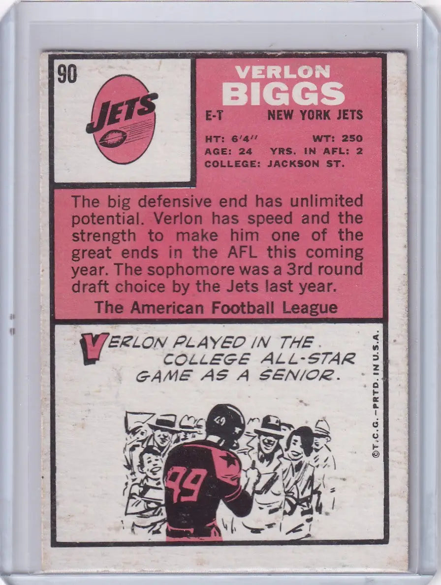 Vintage Topps Football card of Verlon Biggs, New York Jets defensive player