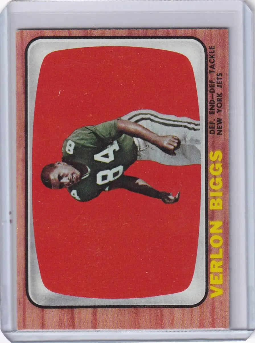 Vintage Topps Football trading card of Verlon Biggs, New York Jets, on a red background