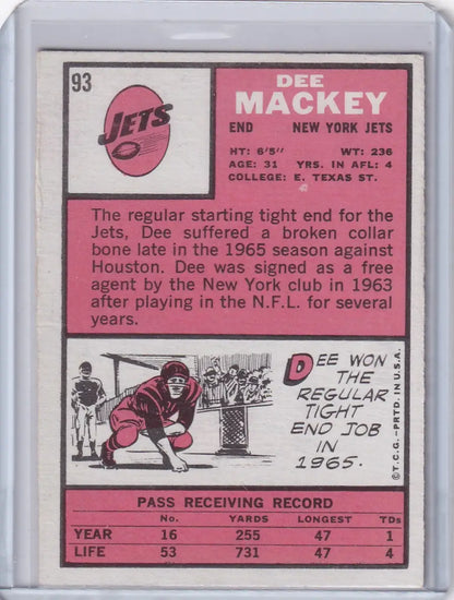 Vintage Topps Football card of Dee Mackey, New York Jets player from 1966