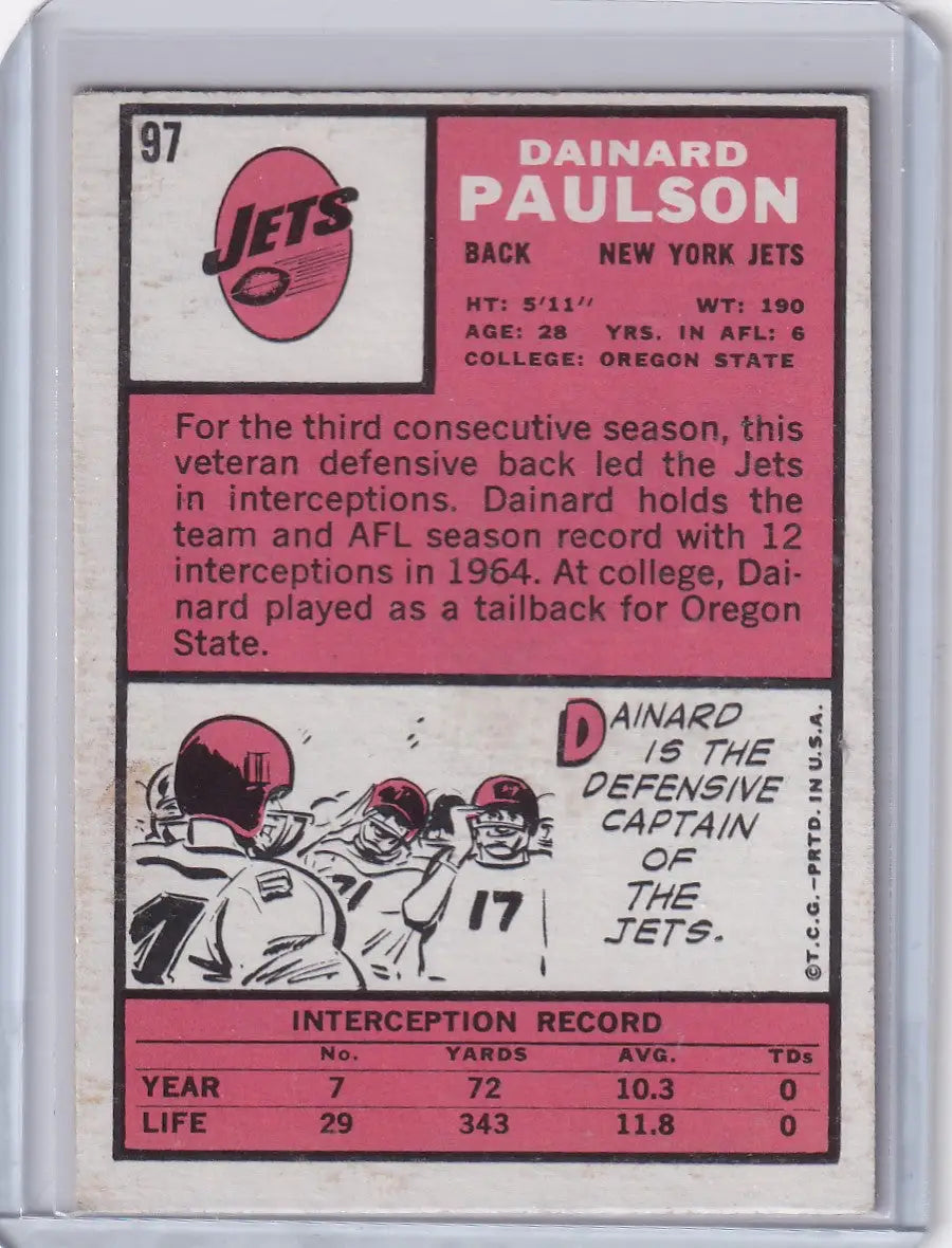 Vintage 1970s Topps Football trading card of Dainard Paulson from New York Jets