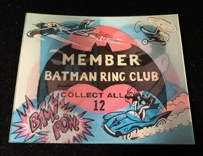 Batman Flicker Ring collectible in 1966 Vari-Vue vending machine insert sign