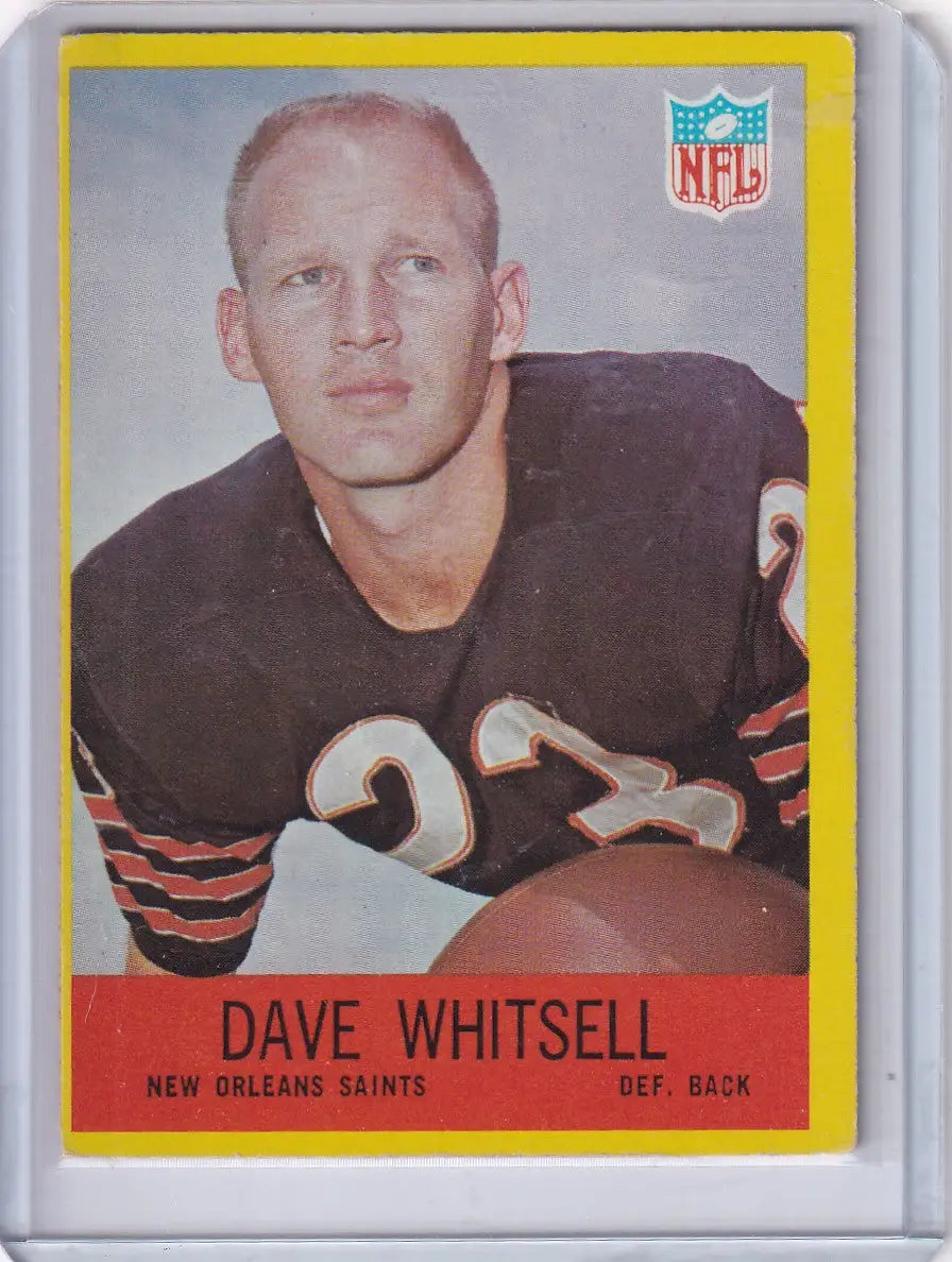 1967 Philadelphia Football Dave Whitsell card featuring Orleans Saints memorabilia