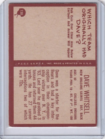 1967 Philadelphia Football Dave Whitsell rookie card Orleans Saints collectible