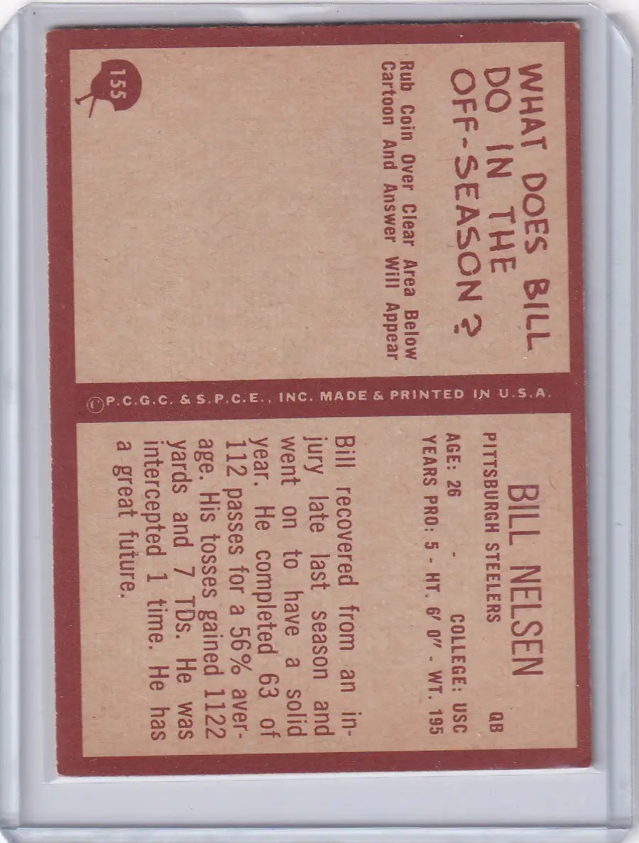 Vintage football card of Bill Nelsen from 1967 Philadelphia Football Pittsburgh Steelers