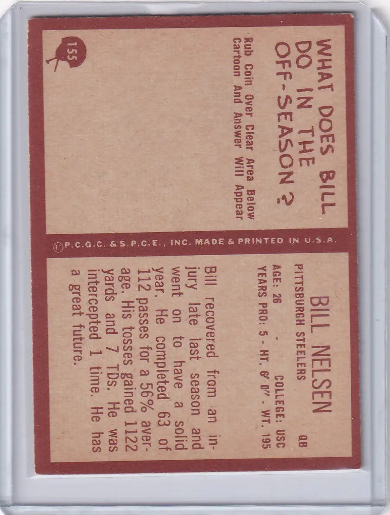 Vintage football card of Bill Nelsen from 1967 Philadelphia Football Pittsburgh Steelers