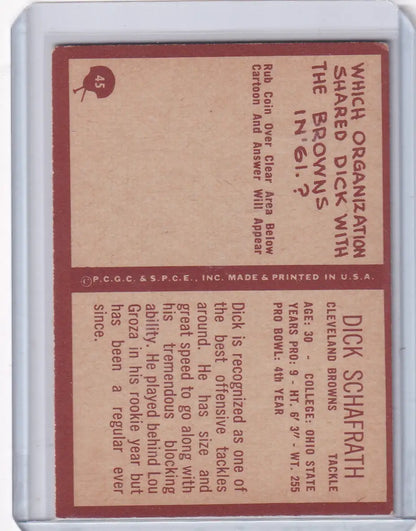 Vintage football card of Dick Schafrath from the 1967 Philadelphia Football Cleveland Browns series