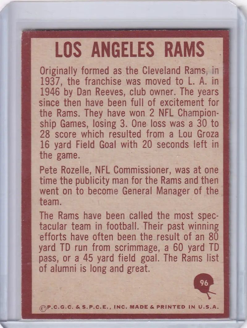 Vintage Los Angeles Rams card featuring 1967 Philadelphia football Rams insignia logo