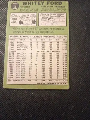 1967 Topps #5 Whitey Ford faint crease. NY Yankees. VG+