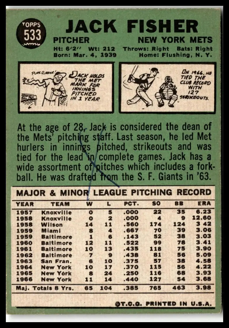 Vintage Jack Fisher baseball card from 1967 Topps featuring York Mets player