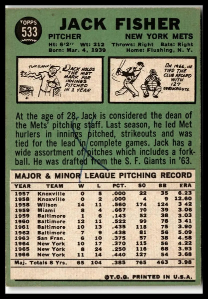 Vintage Jack Fisher baseball card from 1967 Topps featuring York Mets player