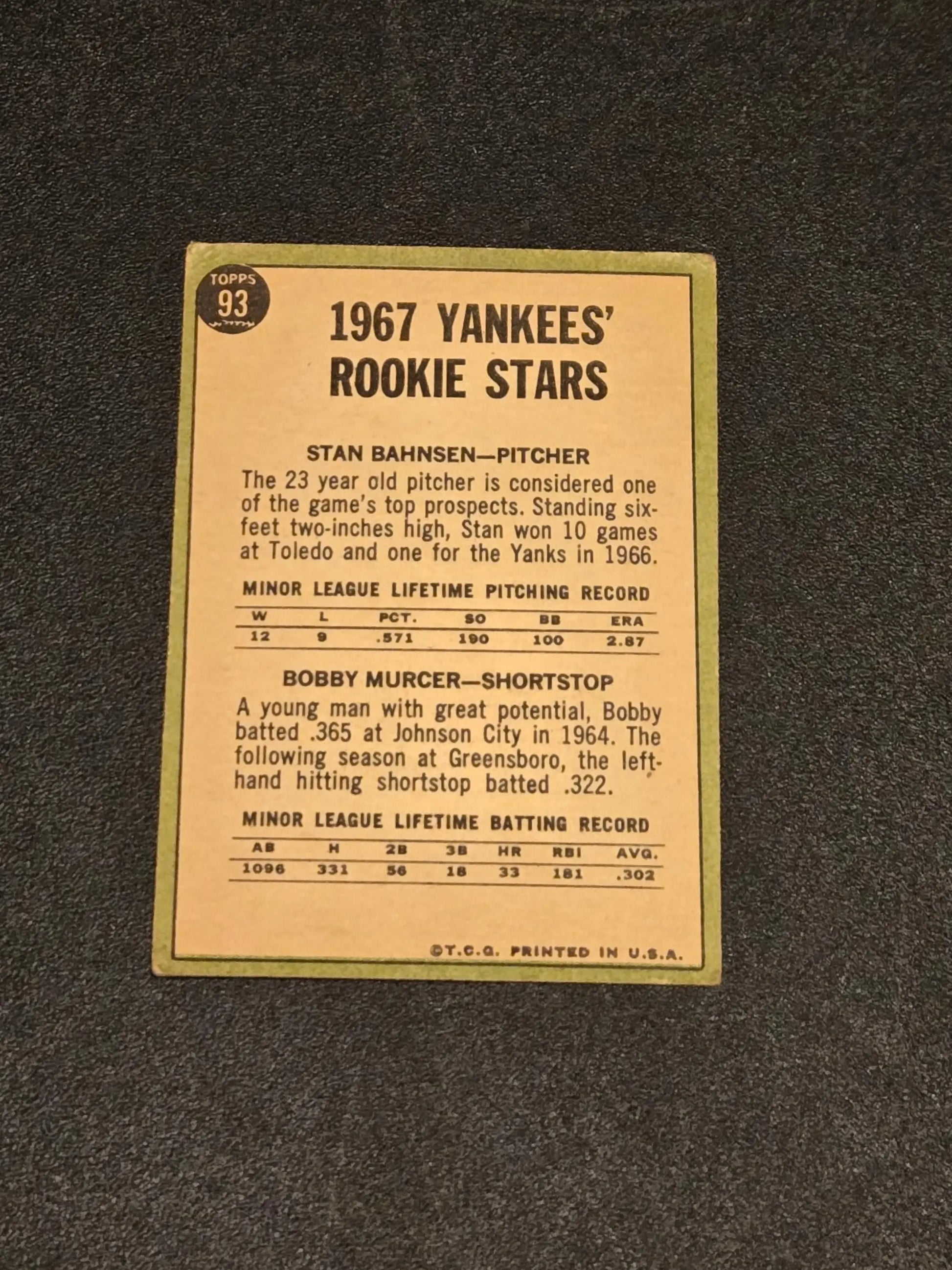 1967 Topps #93 Yankees 1967 Rookie Stars (Stan Bahnsen / Bobby Murcer) - Trading Card