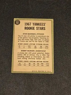 1967 Topps #93 Yankees 1967 Rookie Stars (Stan Bahnsen / Bobby Murcer) - Baseball Card Single