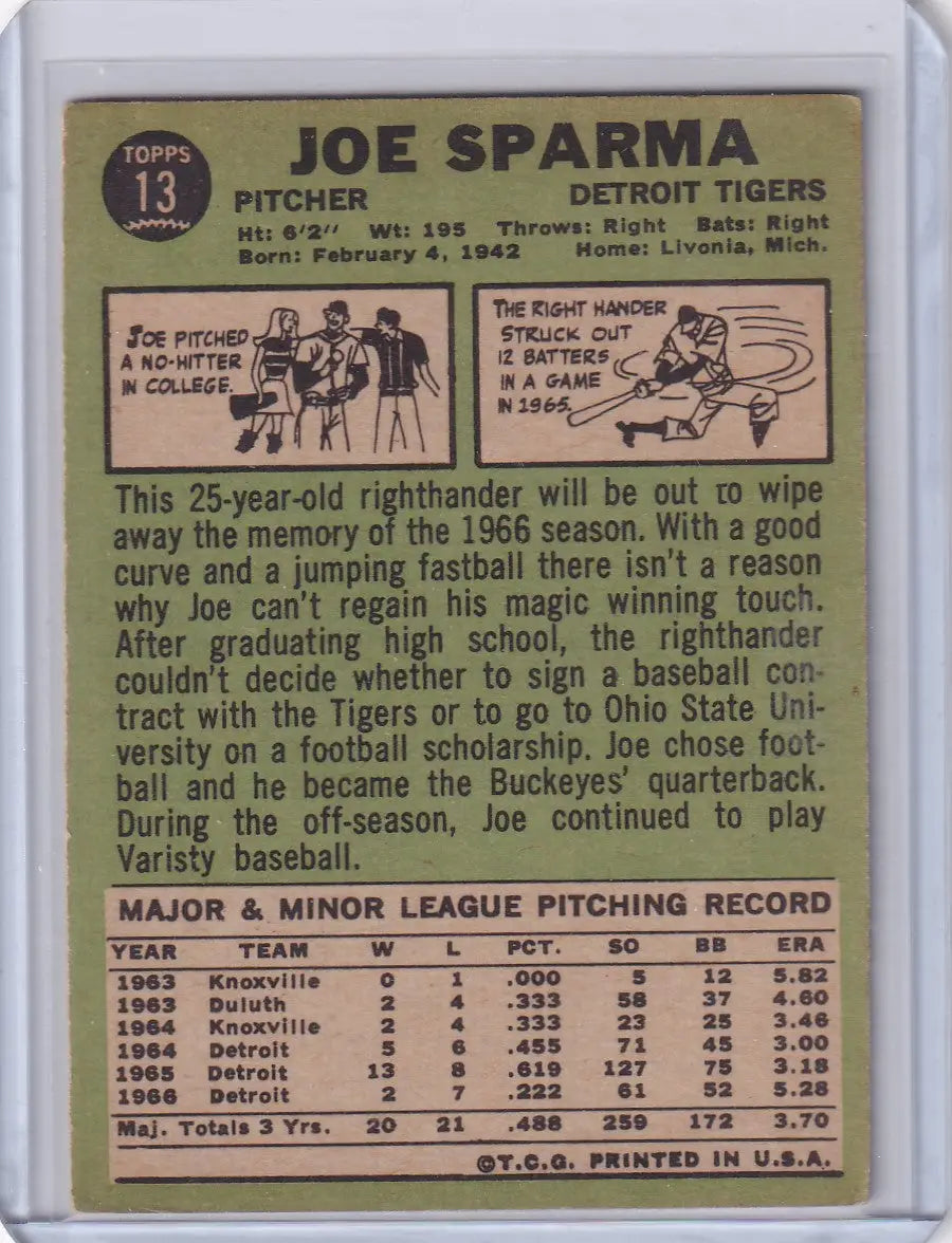 Vintage 1969 Topps Baseball card of Joe Sparma, Detroit Tigers pitcher