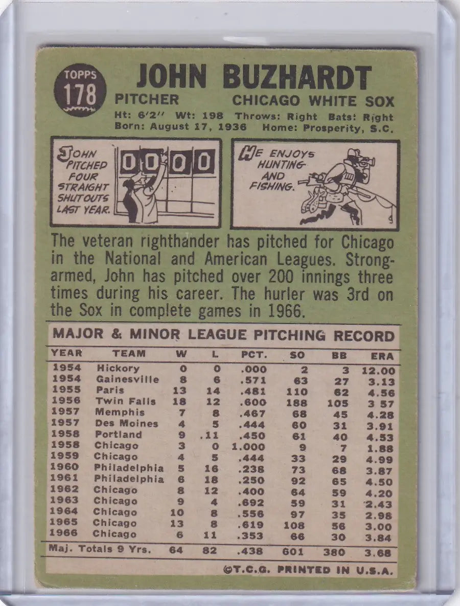 1967 Topps Baseball #178 John Buzhardt - Chicago White Sox