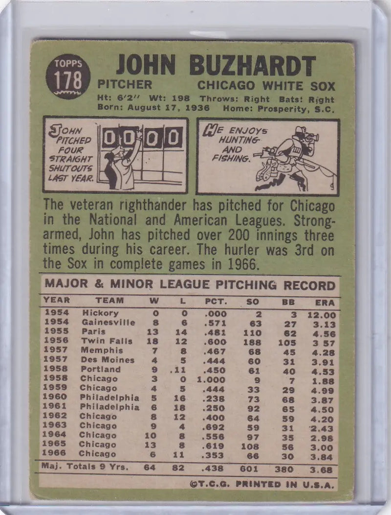 1967 Topps Baseball #178 John Buzhardt - Chicago White Sox