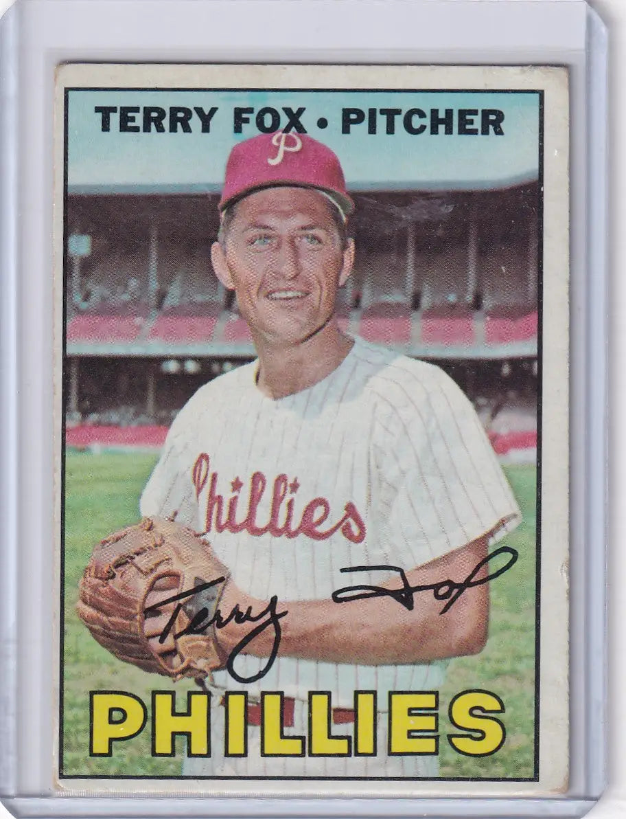Vintage 1967 Topps Baseball card of Terry Fox, Philadelphia Phillies pitcher in uniform