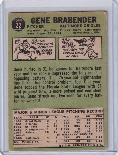Vintage 1959 Topps Baseball card of Gene Brabender, Baltimore Orioles pitcher