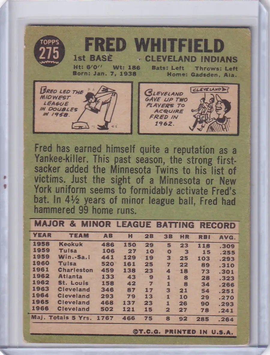 1967 Topps Baseball #275 Fred Whitfield - Cleveland Indians - Baseball Card Single