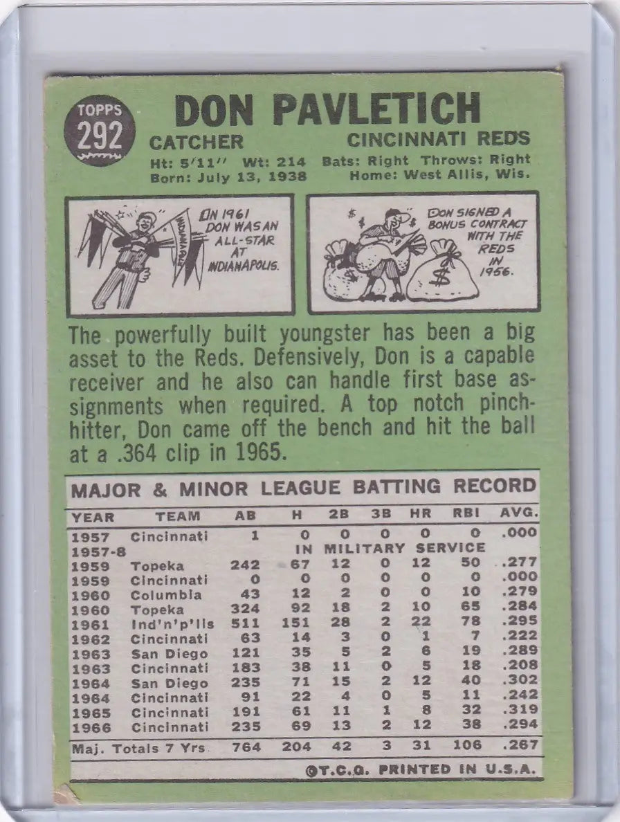 1967 Topps Baseball #292 Don Pavletich card featuring Cincinnati Reds stats and bio