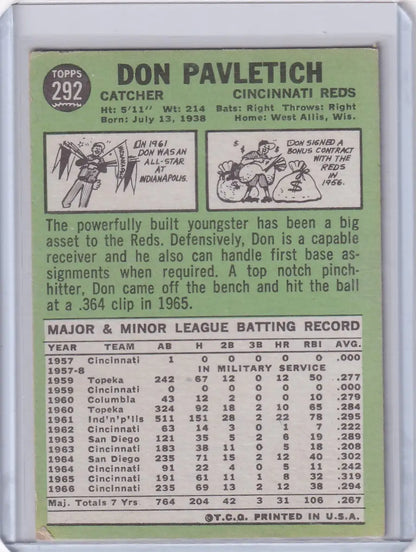 1967 Topps Baseball #292 Don Pavletich card featuring Cincinnati Reds stats and bio