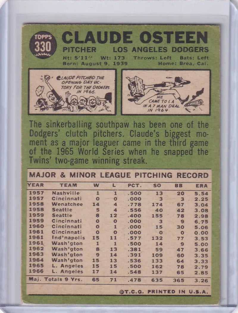 1967 Topps Baseball #330 Claude Osteen - Los Angeles Dodgers