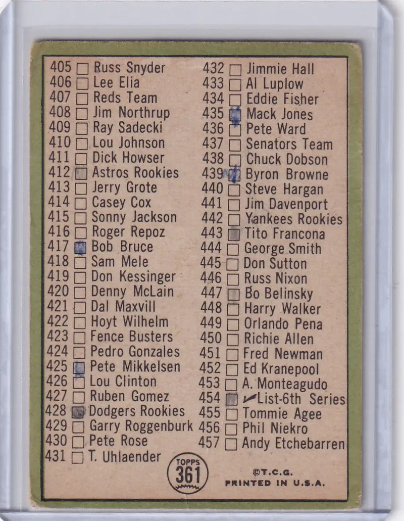 1967 Topps Baseball #361 Checklist (#371-457) Roberto Clemente