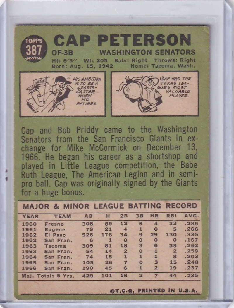 1967 Topps Baseball #387 Cap Peterson - Washington Senators DP