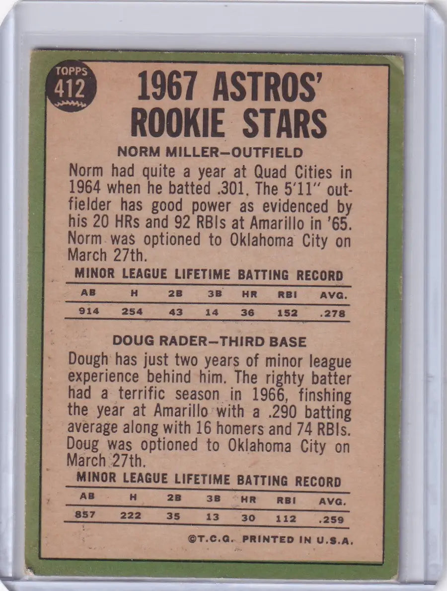 1967 Topps Baseball #412 Astros Rookies - Norm Miller / Doug Rader RC
