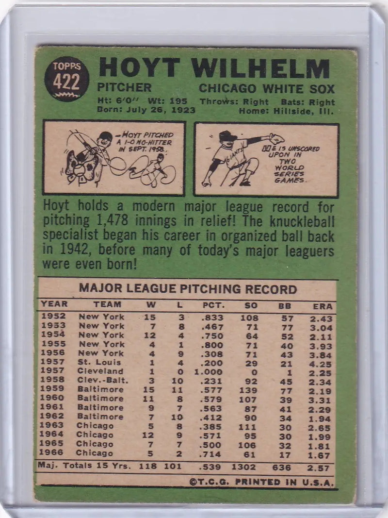 1967 Topps Baseball #422 Hoyt Wilhelm - Chicago White Sox