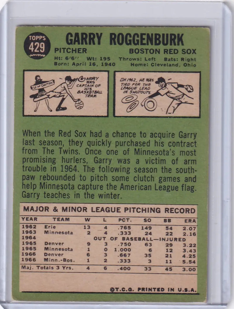 1967 Topps Baseball #429 Garry Roggenburk - Boston Red Sox DP