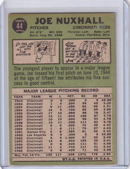 Vintage 1969 Topps Baseball card #44 featuring Joe Nuxhall of the Cincinnati Reds