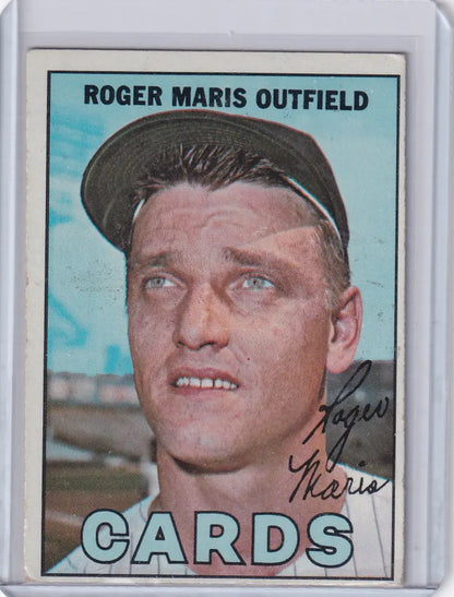 Vintage 1967 Topps Baseball card of Roger Maris with St. Louis Cardinals against blue background