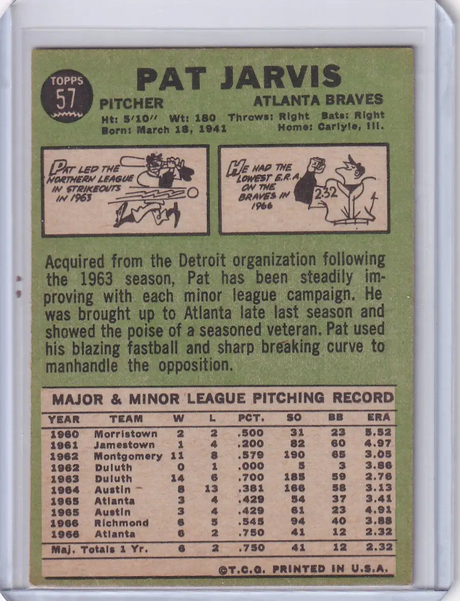 Vintage 1957 Topps Baseball card of Pat Jarvis, Atlanta Braves player collectible