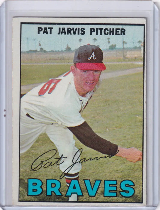 Vintage Topps Baseball card of Pat Jarvis in Atlanta Braves uniform with red cap