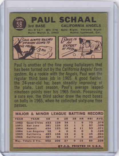 Vintage 1966 Topps Baseball card of 58a Paul Schaal, California Angels third baseman