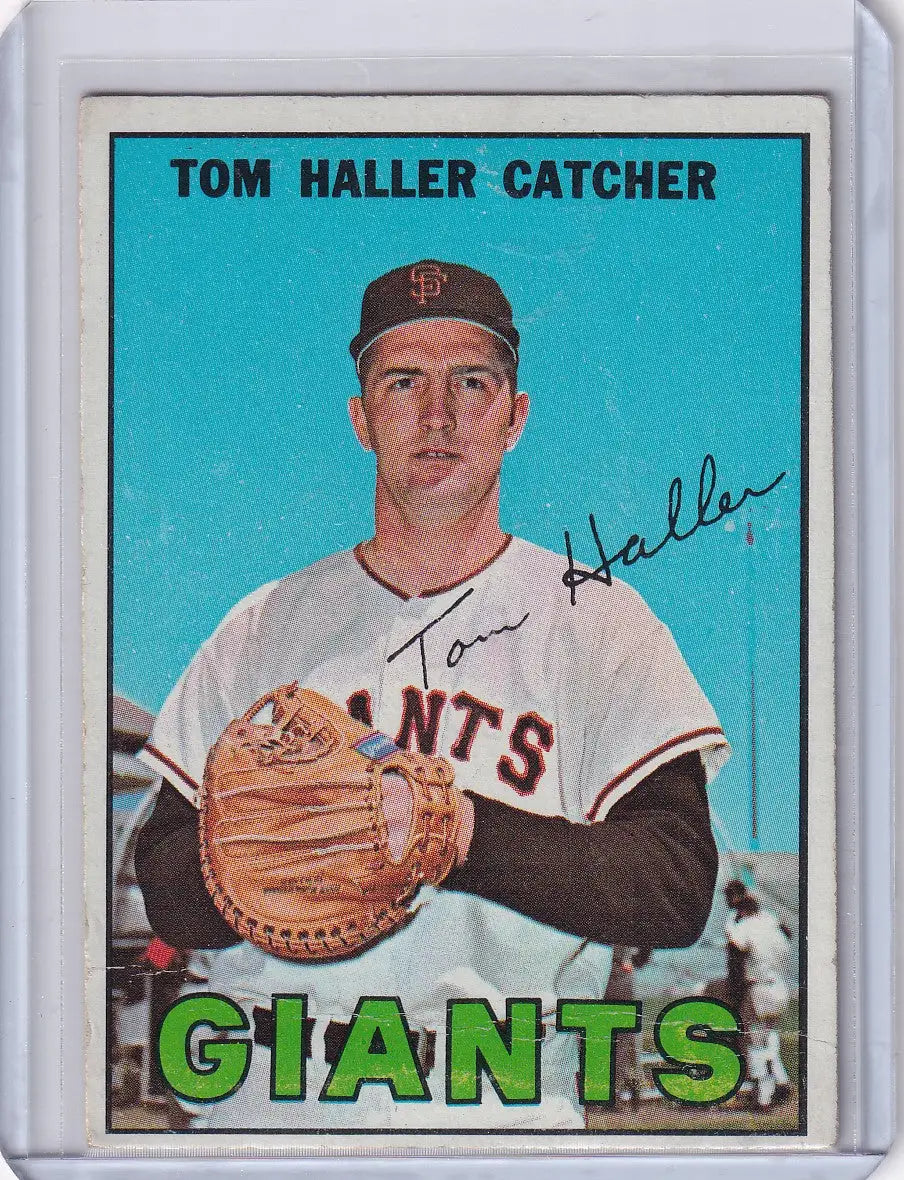 Vintage 1967 Topps Baseball card of Tom Haller, San Francisco Giants catcher in white uniform